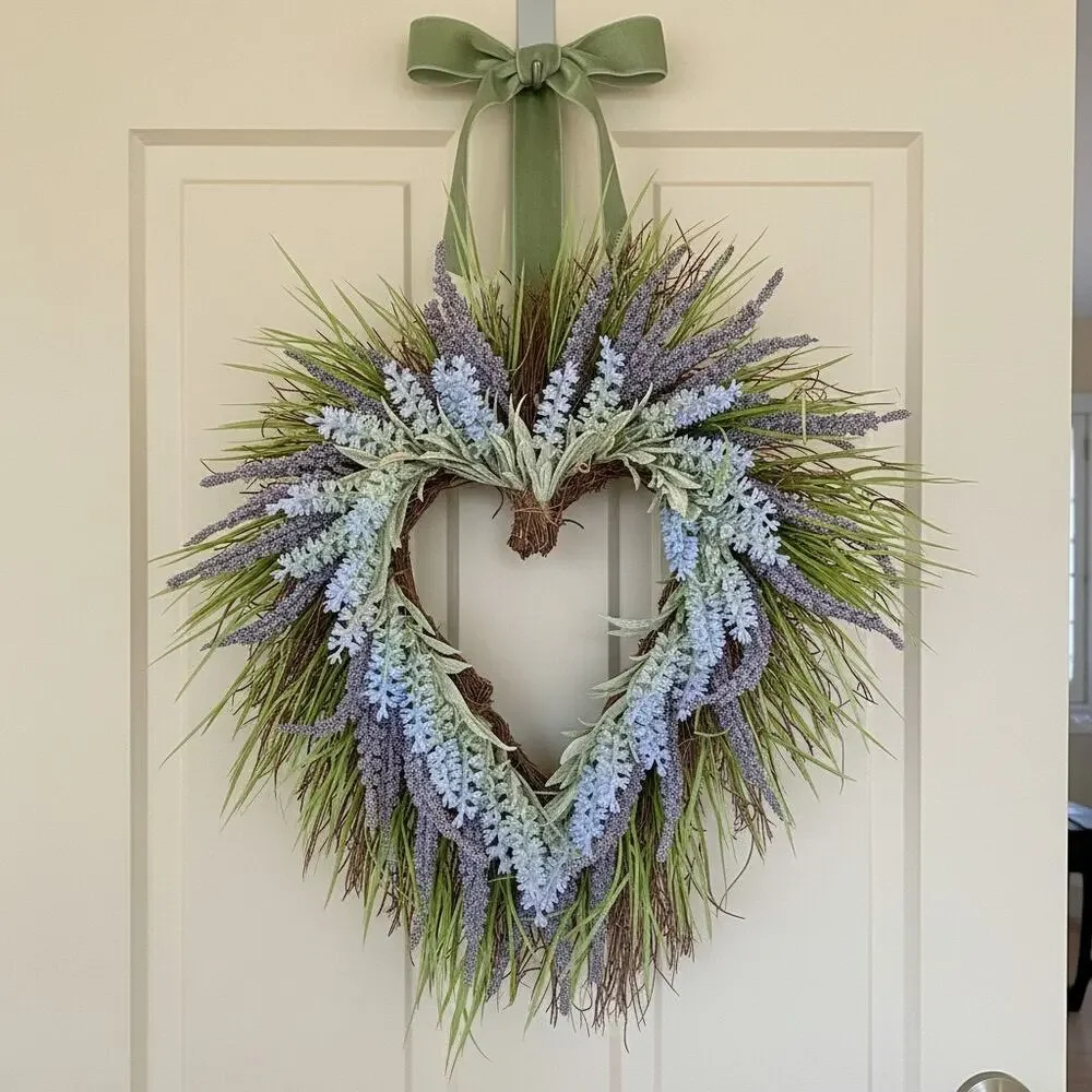 Heart Shaped Lavender Wreath-Faux Floral-Farmhouse-Cottage Door-Wedding-Purple